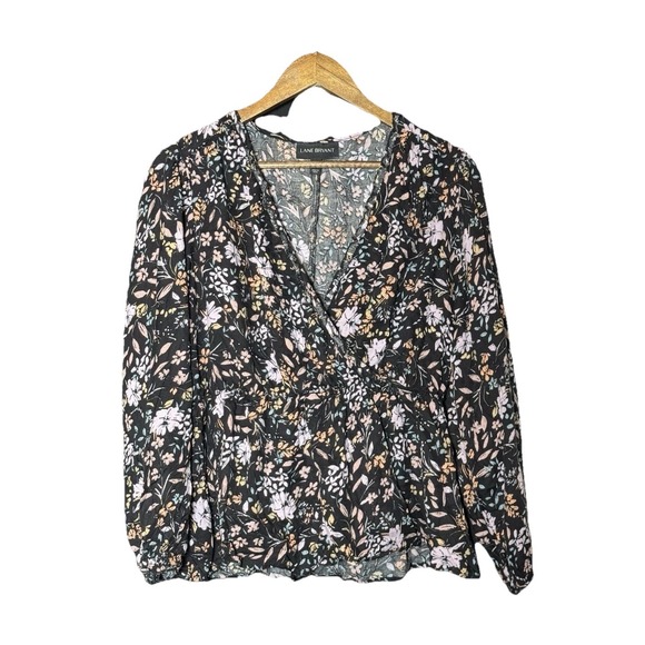 Lane Bryant Tops - Lane Bryant Boho Cottage Top‎ 14 16 Navy Pink Floral Faux Wrap Peplum Balloon